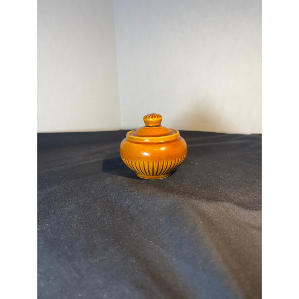 Pranknash Made In England Ceramic Honey Pot Jar‎ Lidded Ribbed Brown Vintage